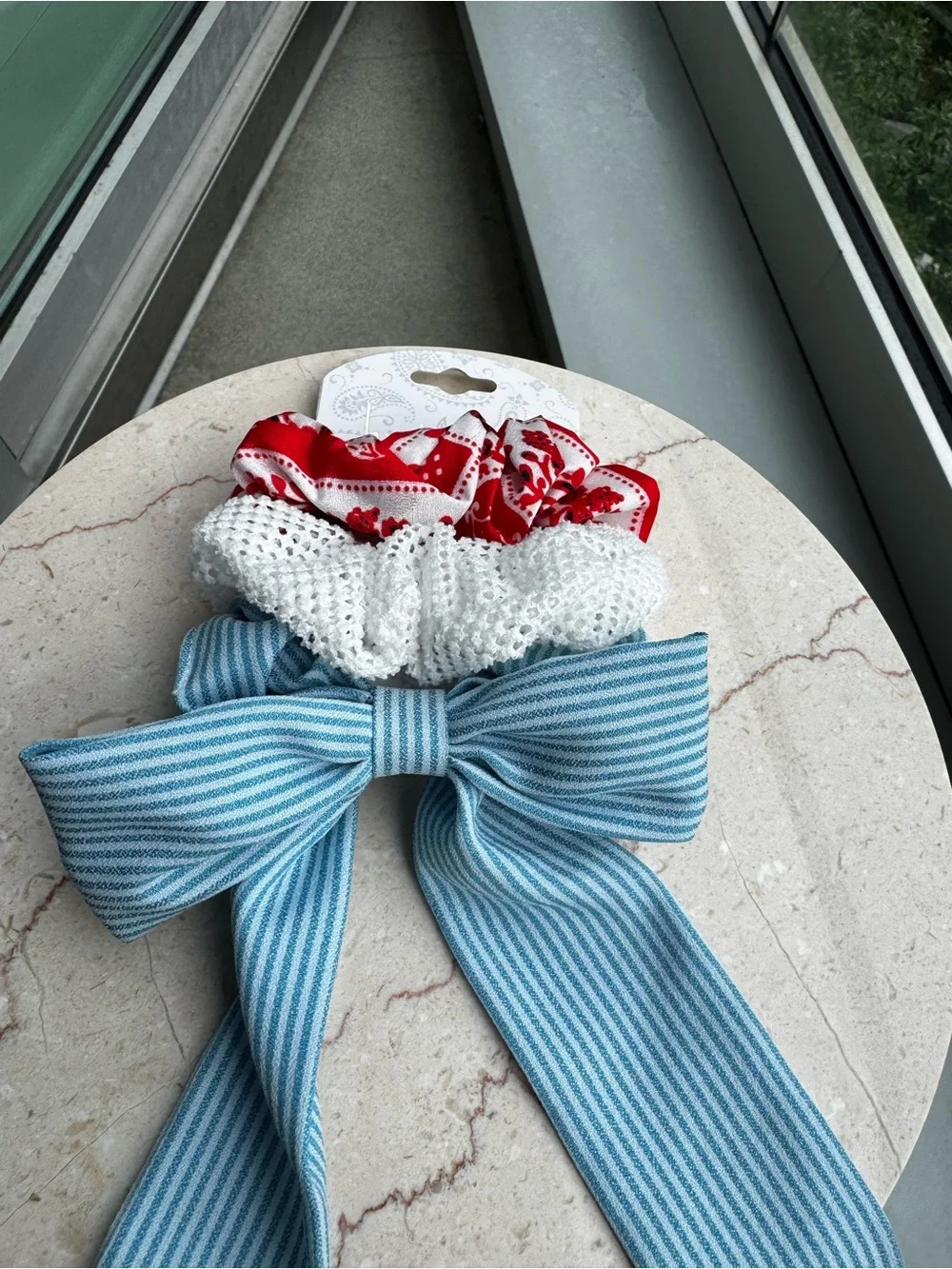 Nicole Miller Blue Striped Bow with White Crochet and Red Patterned Scrunchies